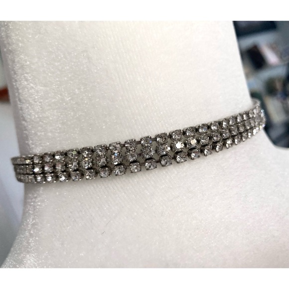 Vintage Rhinestone Choker Triple Strand Silvertone - Picture 3 of 9
